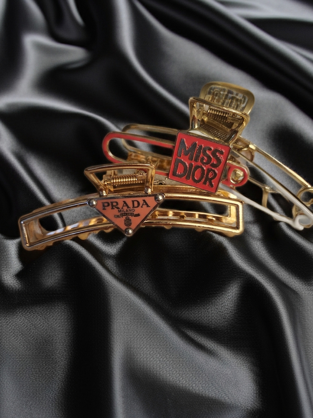 Dior Pink & Gold Hair Clip w/ Prada Logo Clip. Metal Hair Claws For Tight Hold